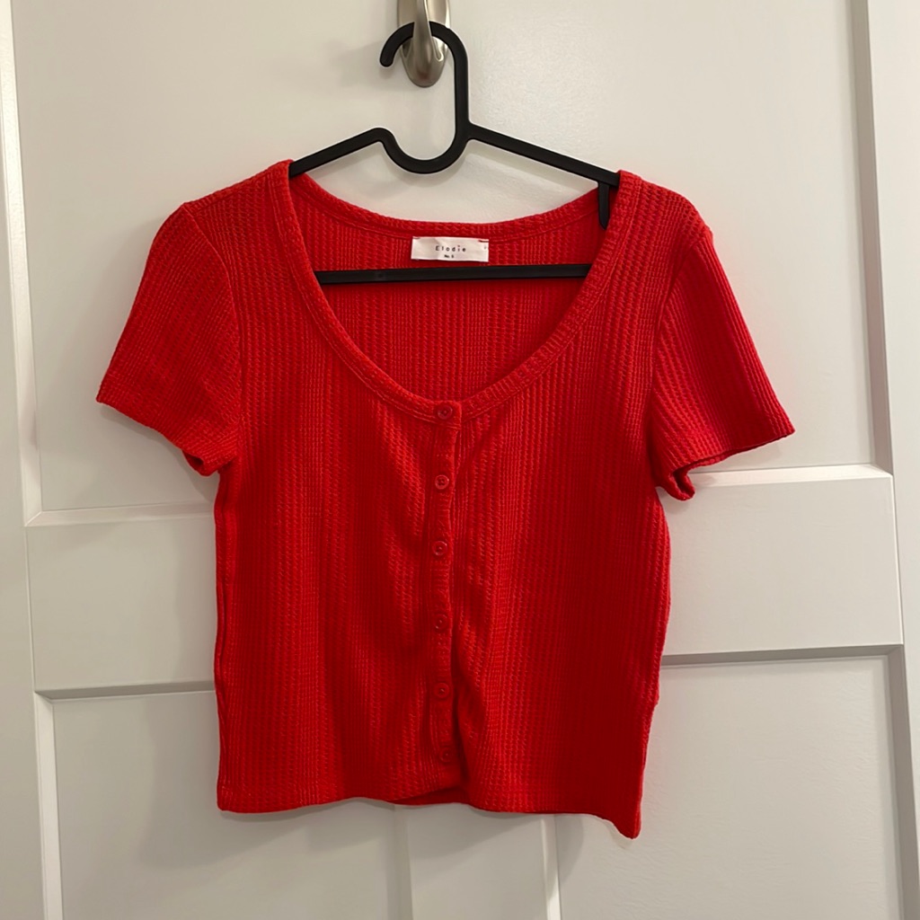 Red, Button Down, Cropped Tee